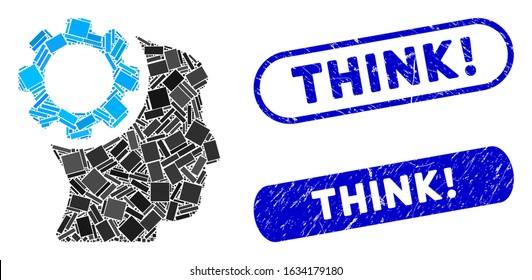 Mosaic brain gear and rubber stamp seals with Think! caption. Mosaic vector brain gear is formed with randomized rectangle items. Think! stamp seals use blue color, and have round rectangle shape.