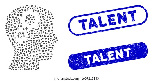 Mosaic brain gears and corroded stamp seals with Talent phrase. Mosaic vector brain gears is formed with randomized elliptic parts. Talent stamp seals use blue color, and have round rectangle shape.
