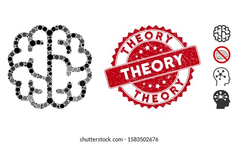 Mosaic brain icon and corroded stamp seal with Theory caption. Mosaic vector is composed with brain icon and with random round spots. Theory seal uses red color, and grunged texture.