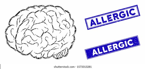 Mosaic brain icon and rectangular Allergic seals. Flat vector brain mosaic icon of scattered rotated rectangular elements. Blue Allergic seals with dirty surface.