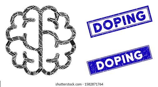 Mosaic brain icon and rectangular Doping rubber prints. Flat vector brain mosaic pictogram of randomized rotated rectangular items. Blue Doping rubber stamps with rubber texture.