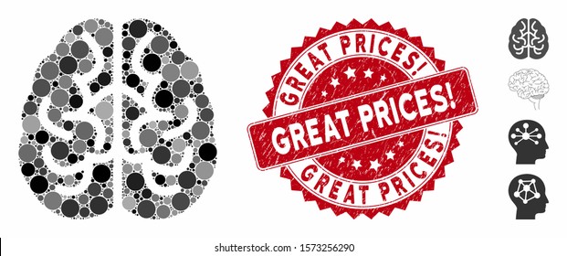 Mosaic brain icon and rubber stamp seal with Great Prices! text. Mosaic vector is formed with brain icon and with scattered circle items. Great Prices! stamp seal uses red color, and grunged texture.