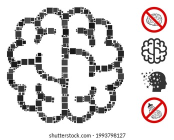 Mosaic Brain icon united from square elements in various sizes and color hues. Vector square items are grouped into abstract mosaic brain icon. Bonus pictograms are placed.
