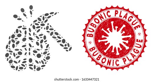Mosaic brain impact icon and red round rubber stamp seal with Bubonic Plague text and coronavirus symbol. Mosaic vector is composed with brain impact icon and with scattered elliptic elements.