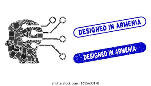 Mosaic brain interface circuit and grunge stamp seals with Designed in Armenia phrase. Mosaic vector brain interface circuit is created with randomized rectangle items.