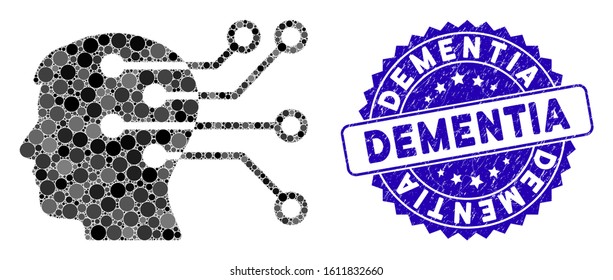 Mosaic brain interface circuit icon and corroded stamp seal with Dementia phrase. Mosaic vector is designed with brain interface circuit icon and with scattered spheric spots.