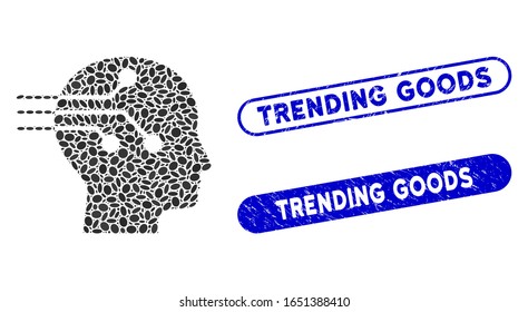 Mosaic brain interface and distressed stamp watermarks with Trending Goods phrase. Mosaic vector brain interface is composed with scattered oval items. Trending Goods stamp seals use blue color,
