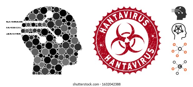 Mosaic brain interface icon and grunge stamp watermark with Hantavirus text and biohazard symbol. Mosaic vector is created with brain interface pictogram and with scattered spheric spots.