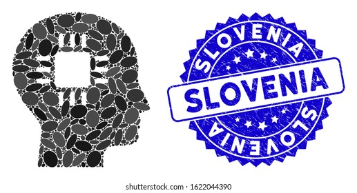 Mosaic brain processor icon and rubber stamp seal with Slovenia text. Mosaic vector is formed with brain processor icon and with randomized elliptic spots. Slovenia stamp uses blue color,