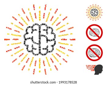 Mosaic Brain radiance icon constructed from square elements in different sizes and color hues. Vector square elements are united into abstract mosaic brain radiance icon. Bonus pictograms are placed.