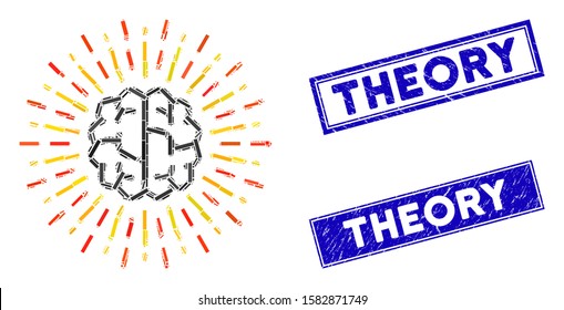 Mosaic brain radiance pictogram and rectangle Theory stamps. Flat vector brain radiance mosaic pictogram of random rotated rectangle elements. Blue Theory seal stamps with scratched texture.