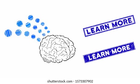 Mosaic brain radio interface icon and rectangular Learn More seals. Flat vector brain radio interface mosaic icon of scattered rotated rectangular items.