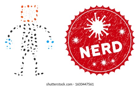 Mosaic brain robot icon and red rounded distressed stamp seal with Nerd caption and coronavirus symbol. Mosaic vector is created with brain robot icon and with scattered elliptic elements.