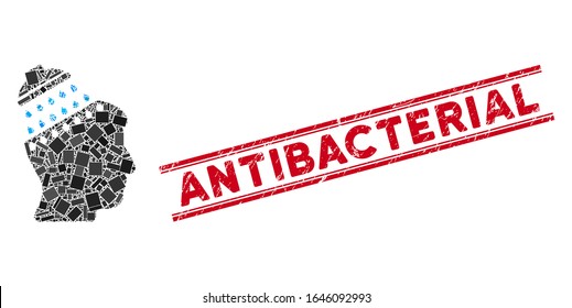 Mosaic brain shower pictogram and red Antibacterial watermark between double parallel lines. Flat vector brain shower mosaic pictogram of randomized rotated rectangle items.