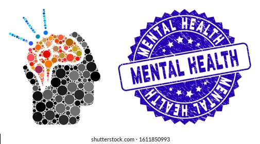 Mosaic brain surgery icon and grunge stamp watermark with Mental Health caption. Mosaic vector is designed with brain surgery icon and with scattered round spots. Mental Health stamp uses blue color,