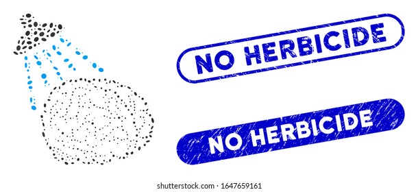 Mosaic brain washing and distressed stamp seals with No Herbicide text. Mosaic vector brain washing is created with scattered ellipse parts. No Herbicide stamp seals use blue color,