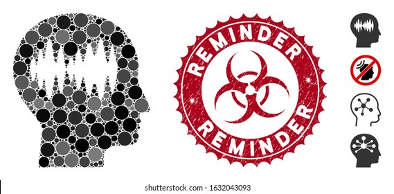 Mosaic brain waves icon and corroded stamp seal with Reminder text and biohazard symbol. Mosaic vector is composed with brain waves icon and with random spheric elements.
