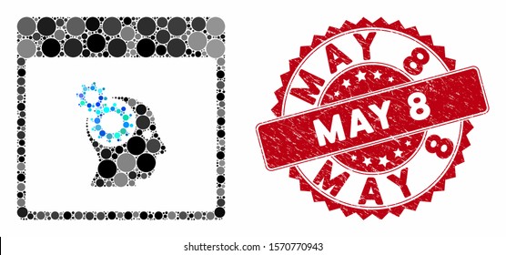 Mosaic brain wheels calendar page and grunge stamp watermark with May 8 phrase. Mosaic vector is created with brain wheels calendar page icon and with scattered spheric elements.