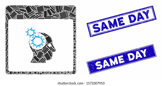 Mosaic brain wheels calendar page icon and rectangular Same Day stamps. Flat vector brain wheels calendar page mosaic icon of randomized rotated rectangular elements.