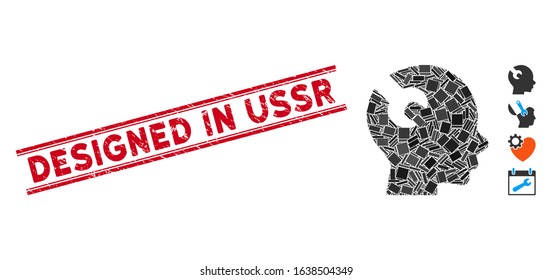 Mosaic brain wrench tool icon and red Designed in USSR seal stamp between double parallel lines. Flat vector brain wrench tool mosaic icon of randomized rotated rectangle elements.
