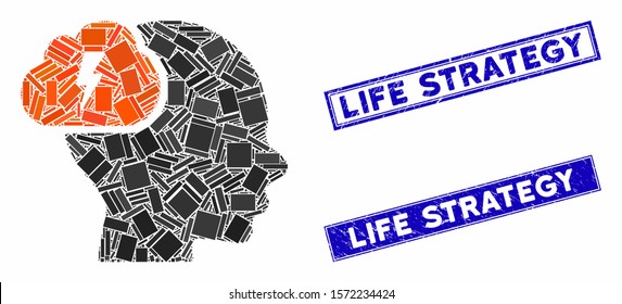 Mosaic brainstorm pictogram and rectangular Life Strategy seals. Flat vector brainstorm mosaic pictogram of scattered rotated rectangular elements.