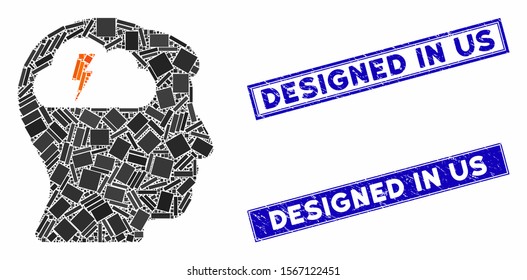 Mosaic brainstorming icon and rectangular rubber prints. Flat vector brainstorming mosaic icon of randomized rotated rectangular elements. Blue caption rubber seals with grunged surface.