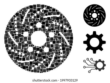 Mosaic Brake disk icon designed from square items in random sizes and color hues. Vector square items are arranged into abstract mosaic brake disk icon. Bonus icons are placed.