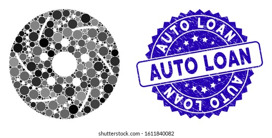 Mosaic brake disk icon and grunge stamp watermark with Auto Loan caption. Mosaic vector is created with brake disk icon and with randomized spheric spots. Auto Loan stamp seal uses blue color,