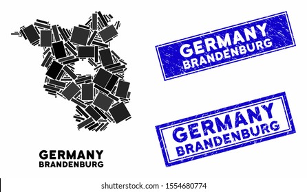 Mosaic Brandenburg Land map and rectangular seal stamps. Flat vector Brandenburg Land map mosaic of scattered rotated rectangular elements. Blue caption stamps with distress surface.