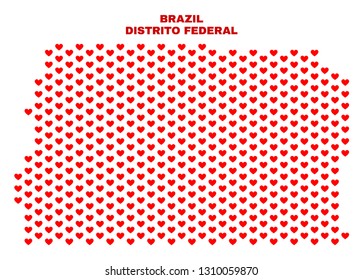 Mosaic Brazil Distrito Federal map of heart hearts in red color isolated on a white background. Regular red heart pattern in shape of Brazil Distrito Federal map.