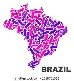 Mosaic Brazil map isolated on a white background. Vector geographic abstraction in pink and violet colors. Mosaic of Brazil map combined of random round dots and lines.