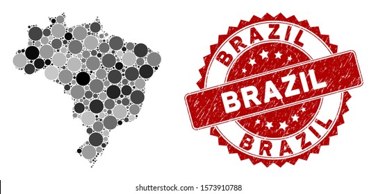 Mosaic Brazil map and round seal stamp. Flat vector Brazil map mosaic of scattered round items. Red stamp with corroded design. Designed for political and patriotic promotion.