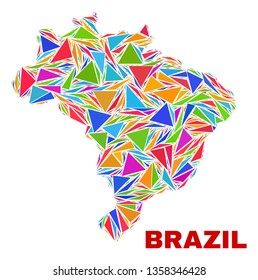 Mosaic Brazil map of triangles in bright colors isolated on a white background. Triangular collage in shape of Brazil map. Abstract design for patriotic purposes.