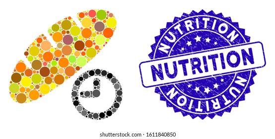 Mosaic bread lunch time icon and distressed stamp seal with Nutrition text. Mosaic vector is created from bread lunch time icon and with scattered circle items. Nutrition stamp seal uses blue color,