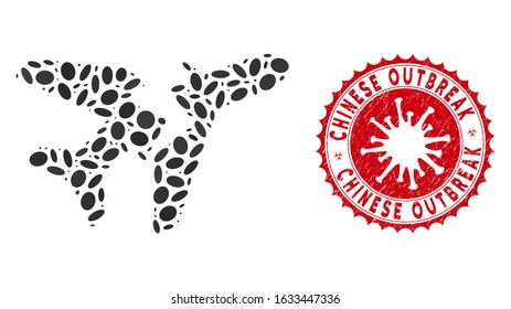 Mosaic break airplane icon and red rounded corroded stamp seal with Chinese Outbreak phrase and coronavirus symbol. Mosaic vector is designed with break airplane icon and with scattered oval spots.
