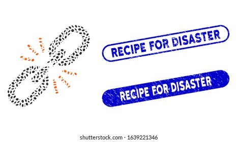 Mosaic break chain link and distressed stamp seals with Recipe for Disaster caption. Mosaic vector break chain link is designed with scattered elliptic items.