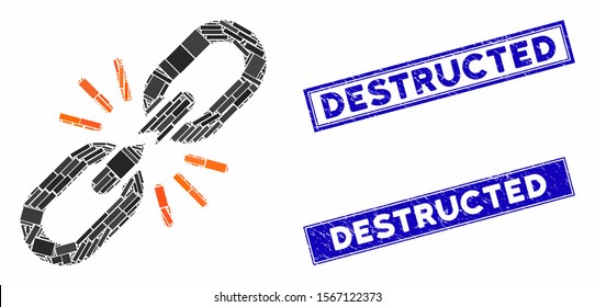 Mosaic break chain link icon and rectangular seals. Flat vector break chain link mosaic icon of random rotated rectangle elements. Blue caption rubber seals with distress textures.
