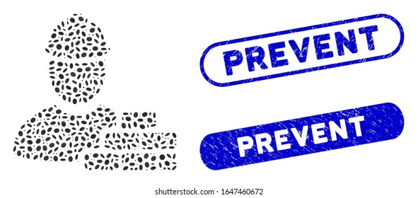 Mosaik-Ziegelbauer und Grunge-Stempeldichtungen mit Präventivsatz. Der Mosaik Vektorillustration Ziegelbauer besteht aus randomisierten Ellipsenteilen. Stempelsiegel nicht mit blauer Farbe versehen,