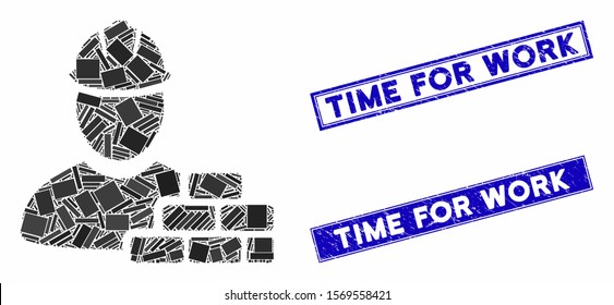 Mosaic brick builder icon and rectangular stamps. Flat vector brick builder mosaic pictogram of scattered rotated rectangular items. Blue caption rubber stamps with scratched texture.