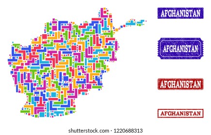Mosaic brick style map of Afghanistan and rubber rectangle seals. Vector map of Afghanistan constructed with colorful blocks. Vector watermarks with grunge rubber texture.