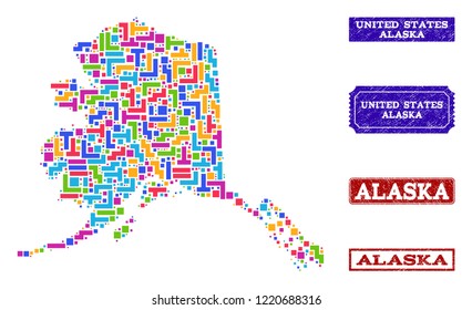 Mosaic brick style map of Alaska State and rubber rectangle stamps. Vector map of Alaska State designed with bright colored elements. Vector seals with distress rubber texture.