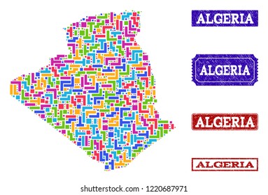 Mosaic brick style map of Algeria and rubber rectangle seal stamps. Vector map of Algeria designed with colorful elements. Vector seals with distress rubber texture.