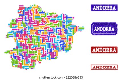 Mosaic brick style map of Andorra and rubber rectangle seals. Vector map of Andorra constructed with colorful elements. Vector seals with scratched rubber texture. Flat design for patriotic posters.