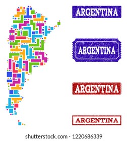 Mosaic brick style map of Argentina and grunge rectangle seals. Vector map of Argentina designed with colorful blocks. Vector seals with grunge rubber texture. Flat design for patriotic illustrations.