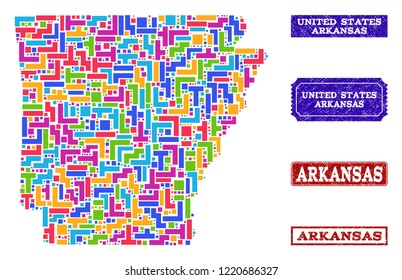 Mosaic brick style map of Arkansas State and rubber rectangle seals. Vector map of Arkansas State constructed with colorful elements. Vector seals with corroded rubber texture.