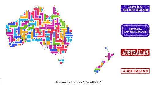Mosaic brick style map of Australia and New Zealand and corroded rectangle seals. Vector map of Australia and New Zealand designed with bright colored blocks.