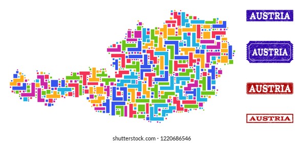Mosaic brick style map of Austria and unclean rectangle stamps. Vector map of Austria constructed with bright colored elements. Vector seals with unclean rubber texture.
