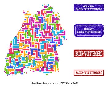 Mosaic brick style map of Baden-Wurttemberg State and rubber rectangle stamps. Vector map of Baden-Wurttemberg State designed with colorful elements. Vector watermarks with corroded rubber texture.