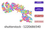 Mosaic brick style map of Baffin Island and rubber rectangle stamps. Vector map of Baffin Island designed with colorful blocks. Vector watermarks with grunge rubber texture.
