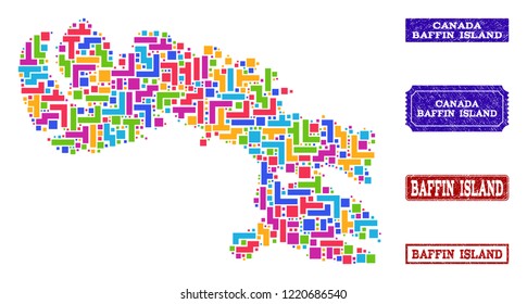 Mosaic brick style map of Baffin Island and rubber rectangle stamps. Vector map of Baffin Island designed with colorful blocks. Vector watermarks with grunge rubber texture.